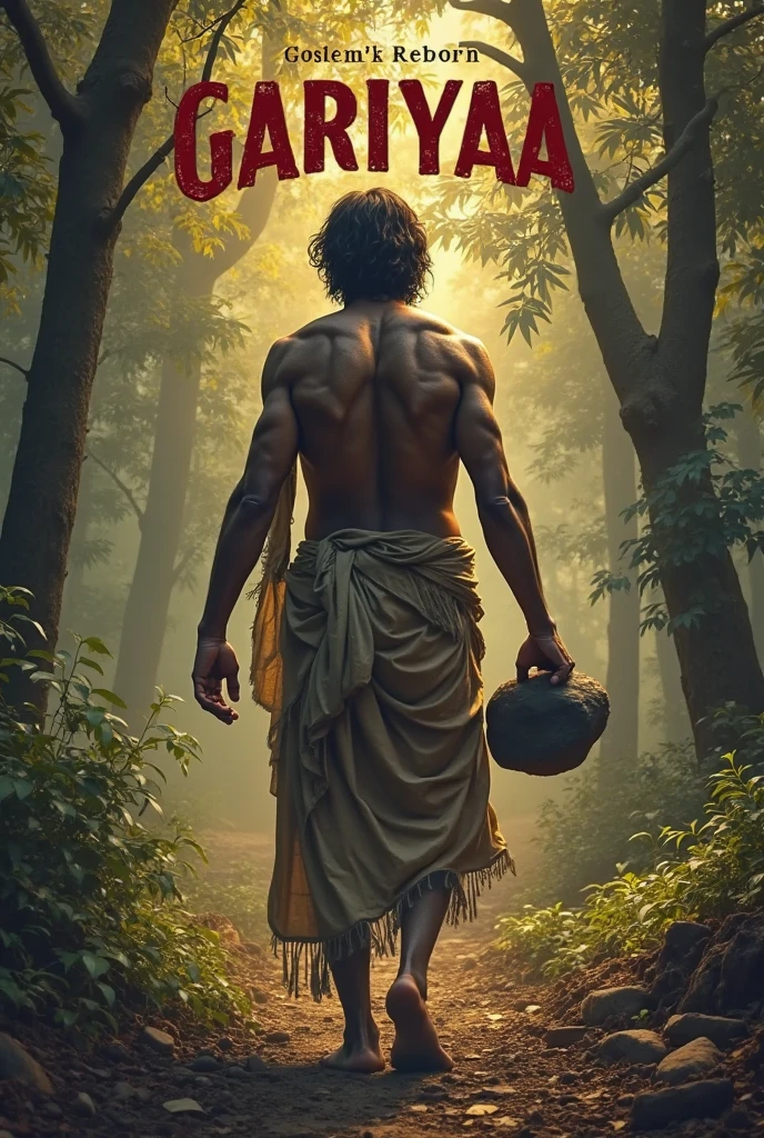 Captured from distance, evening time, character from Mahabharata, post war scene, warrior named Bheema, muscular holding huge mallet, backlight, foggy and burning ruins,