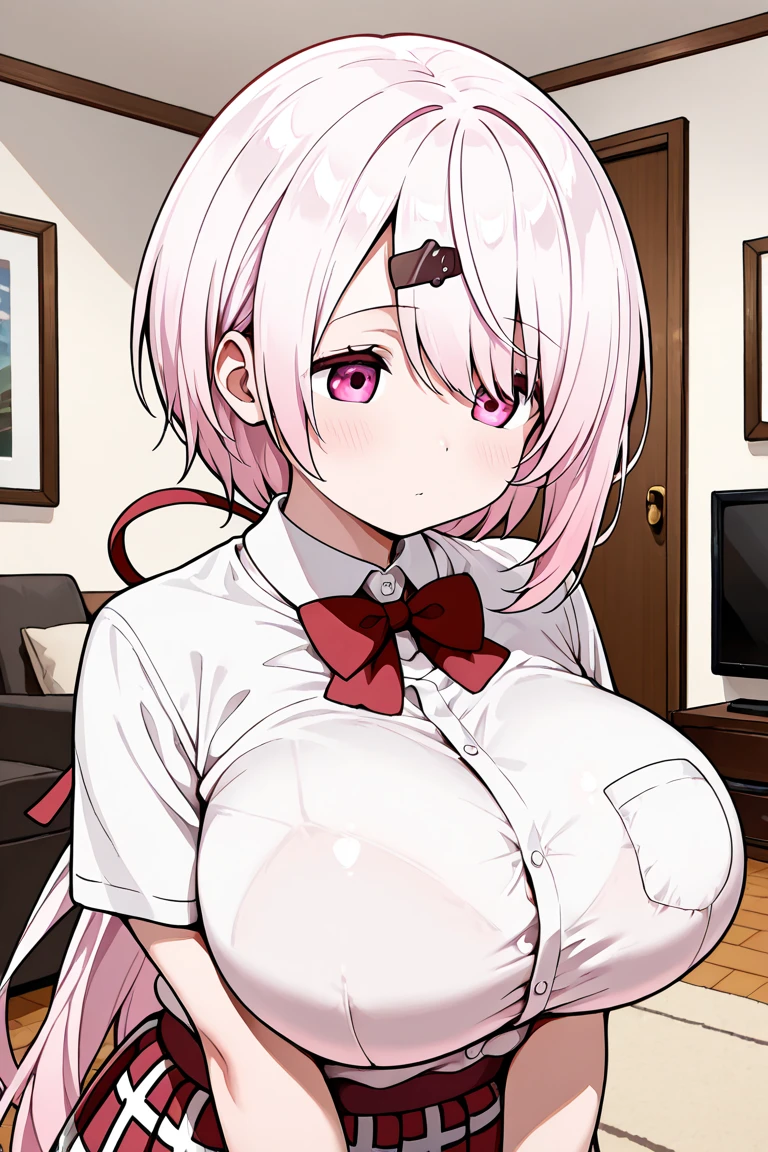 score_9, score_8_superior, score_7_superior, sauce_anime, BREAK hakase fuyuki, One girl, Virtual YouTuber, Red eyes, Gray Hair, Long hair short hair, Low twin tails, Side Lock, big breasts,Hair Clip, Neck ribbon, Red ribbon, Black sweater, Collared shirt, Open jacket, White jacket, flower, Tea belt, Long sleeve, Sleeves are longer than the wrist, White gloves, Pleated skirt, Black Skirt, Black Pantyhose, Are standing, Dutch Angle, Particles of light, light, Research Room, window, window shade,masterpiece, highest quality, High resolution, Big Breasts,Titty fuck,Hakase Fuyuki,Virtual YouTuber,Vtuber,nsfw,bare breasts,penis,paizuri,breast squeeze,Hakase Fuyuyuki,1boy,scared,blush,blush,Big Tits