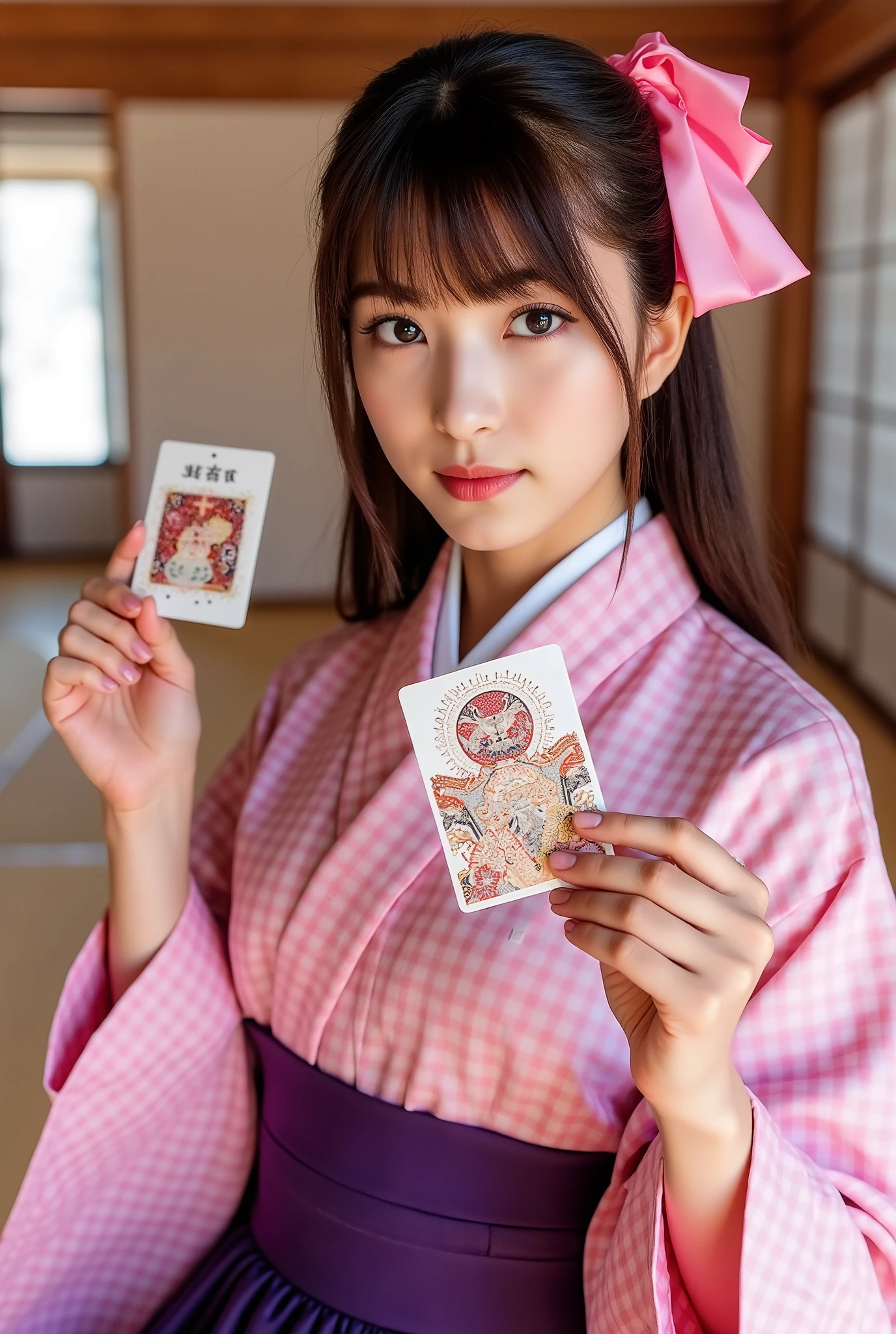 A stunning photobook featuring a beautiful Japanese idol girl with fair skin. Her long, straight hair is neatly tied at the back, with soft bangs framing her face, adorned by a large pink ribbon. She is dressed in an elegant hakama ensemble—a pink checkered-patterned furisode paired with a deep purple hakama and tabi socks, embodying refined traditional beauty. The setting is a vast tatami hall, evoking an authentic and immersive Japanese atmosphere. She holds one intricately designed karuta card in each hand, striking a dynamic fighting pose that exudes both grace and determination. The karuta cards feature elaborate traditional Japanese patterns, enhancing the cultural aesthetic. Her presence radiates purity and delicacy while maintaining a dignified and commanding aura, blending transparency and timeless elegance.