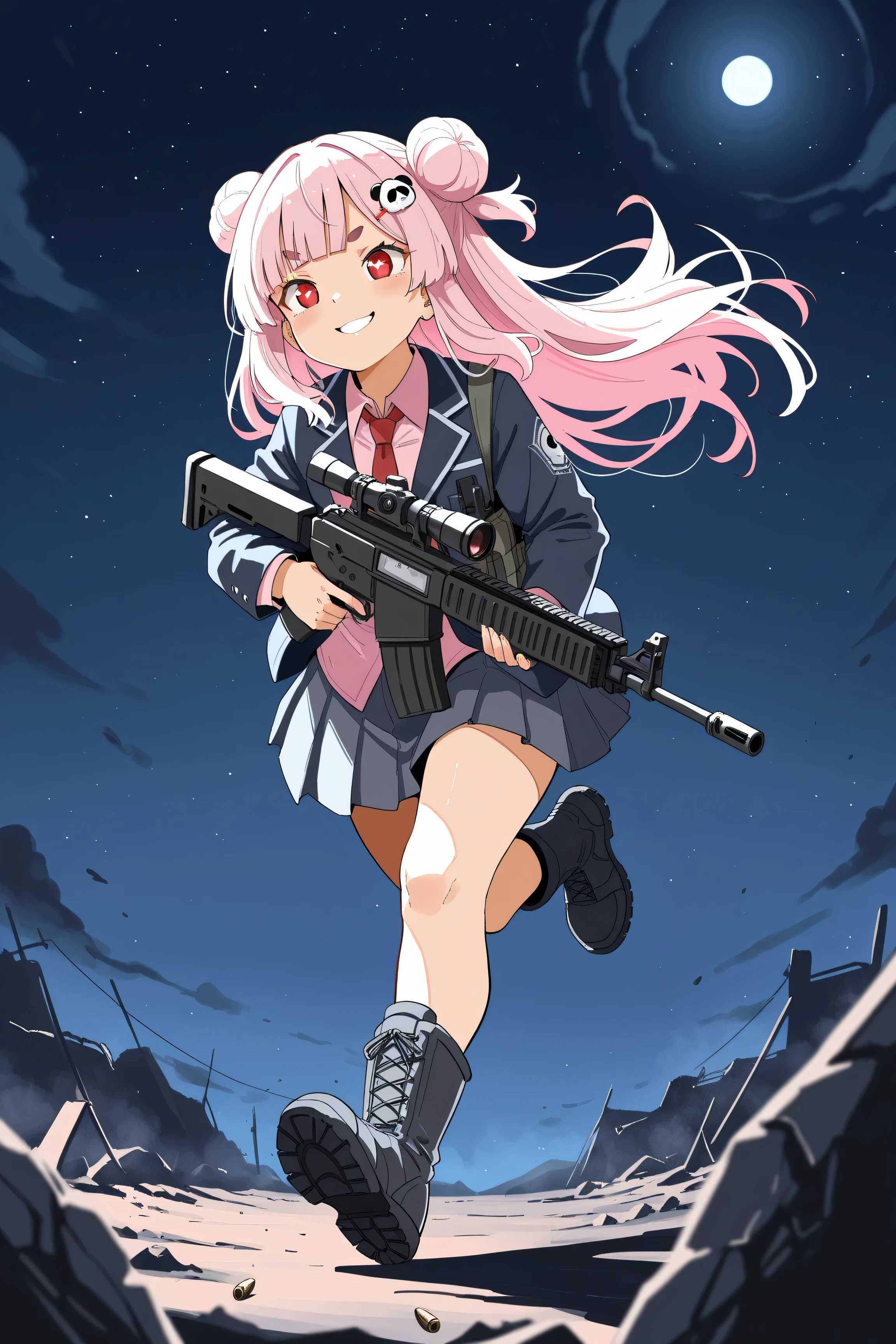 masterpiece, best quality, high resolution,4K, highly detailed, ultra detailed, ((detailed beautiful eyes)), full body, Alone, 1 girl, light pink hair, small double bun hair, half twin hair, long hair, hime cut, thin oval eyebrows, Red Eyes, ((bangs Panda face hairpin)), Tactical  scope on head, automatic rifle, High school girl, Dark grey blazer, Dark grey pleated skirt, Light pink shirt, Tactical boots, Running, evil smile, floating hair, starry sky, moonlight, Bullet belt, Battlefield background