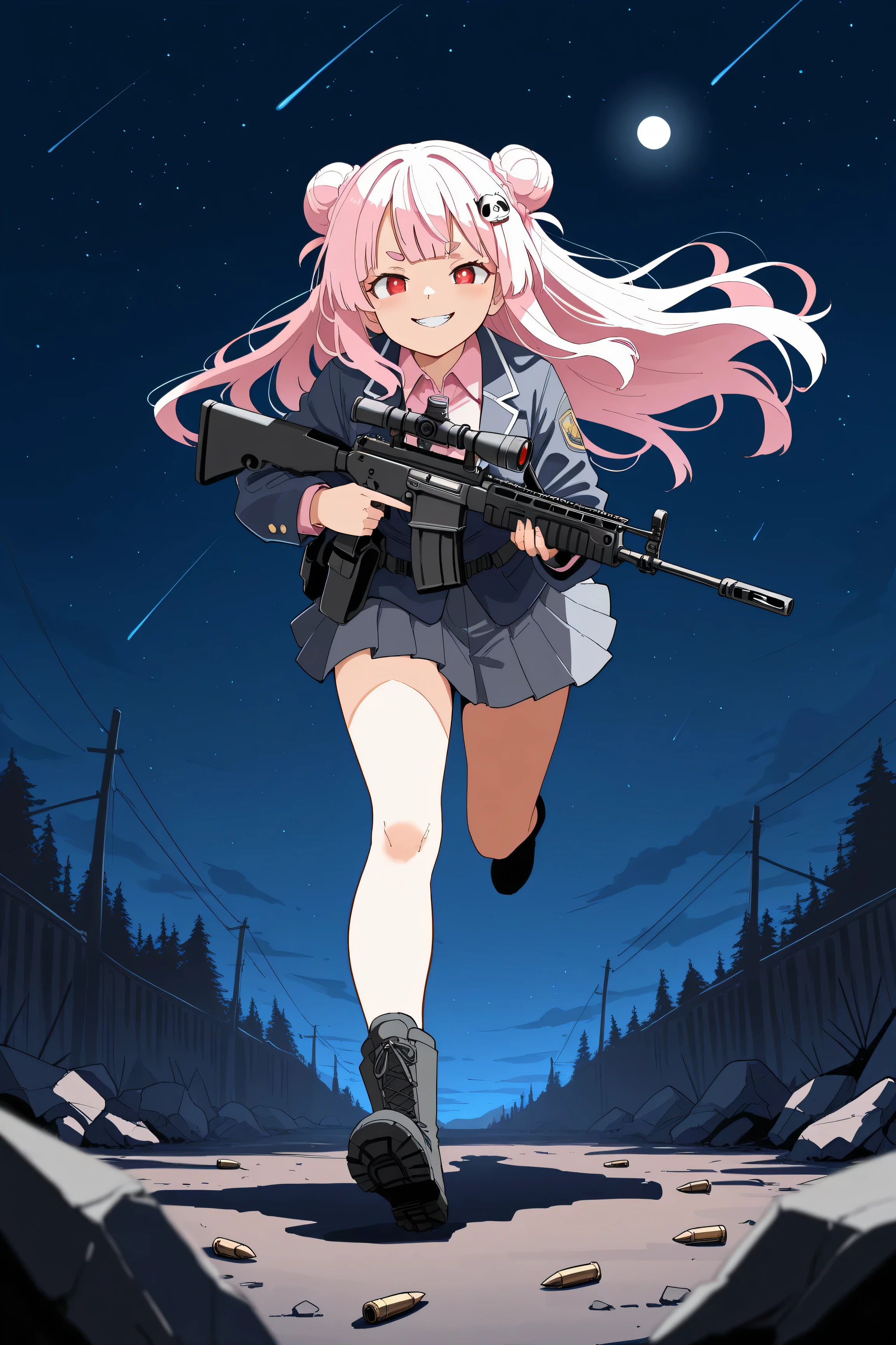 masterpiece, best quality, high resolution,4K, highly detailed, ultra detailed, ((detailed beautiful eyes)), full body, Alone, 1 girl, light pink hair, small double bun hair, half twin hair, long hair, hime cut, thin oval eyebrows, Red Eyes, ((bangs Panda face hairpin)), Tactical  scope on head, automatic rifle, High school girl, Dark grey blazer, Dark grey pleated skirt, Light pink shirt, Tactical boots, Running, evil smile, floating hair, starry sky, moonlight, Bullet belt, Battlefield background