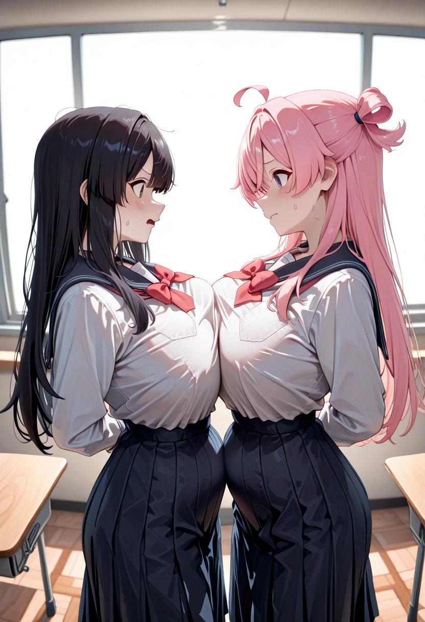 Lesbian (very long loose yellow hair)(big breasts, big thighs)(with  clothes it is very tight) that he is kissing at school with his girlfriend,(big breasts, big thighs)lesbian love