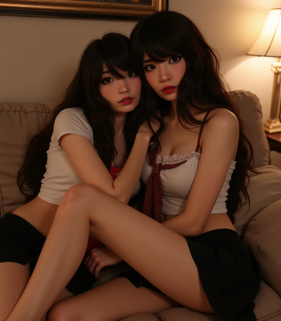 ((Highest quality)), ((2D)), (Perfect Face),(Small breasts),Perfect Fingers,Gentle expression,Beautiful face,,bed,Thin arms,Skinny,Black Hair,Thin legs,Nipples,Pussy,Sisters