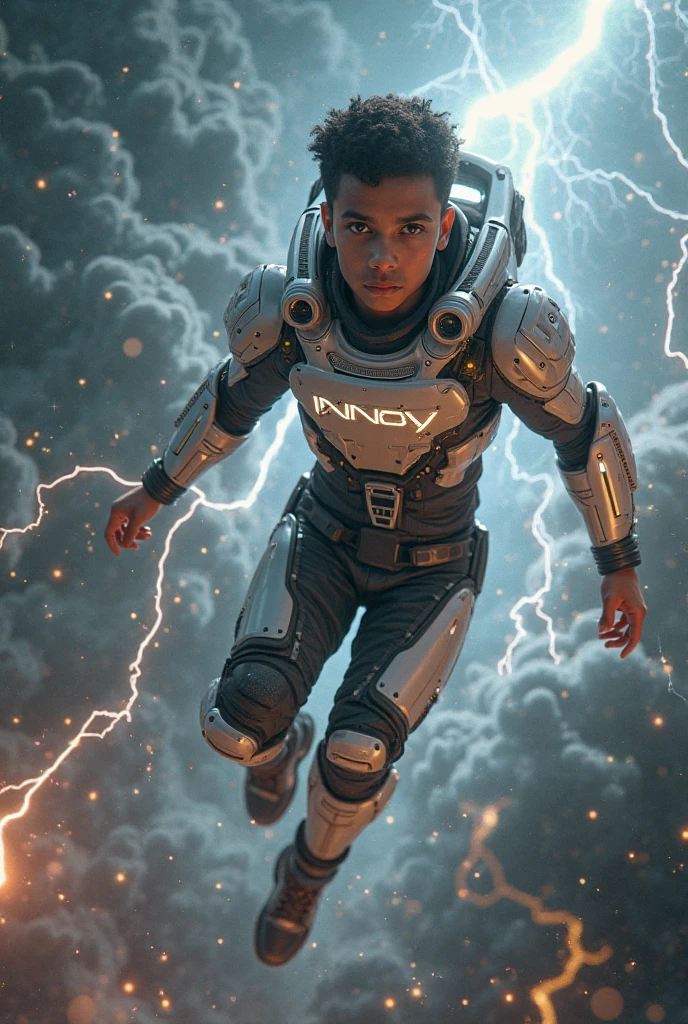 1 boy ,in metalic armour,in cyberspace, cracked down the computer,blue neon background, 16k ultra realistic realism, textured skin,