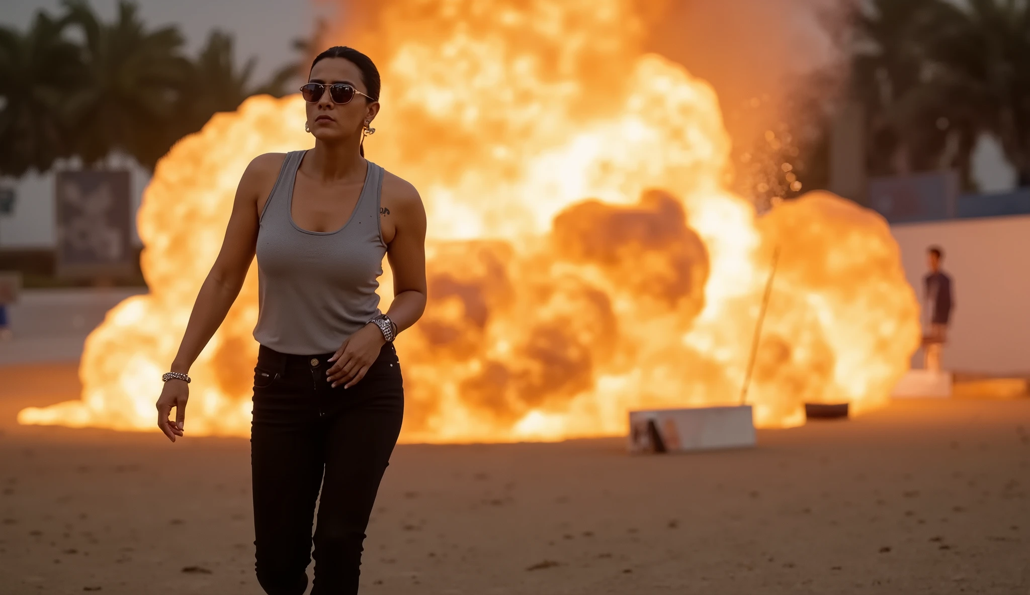 The character walks slowly towards the camera with a confident smirk, casually putting on sunglasses. In the background, a massive explosion erupts, with flames bursting dramatically.