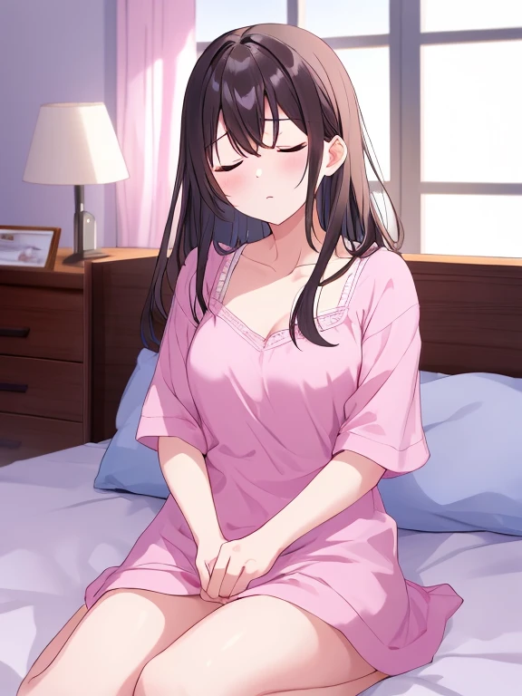 ((masterpiece)), ((Best Quality)), (Ultra-detailed), Anime style, Cute , 1girl in, Solo, 8k, sitting on the bed , no pant,nobra