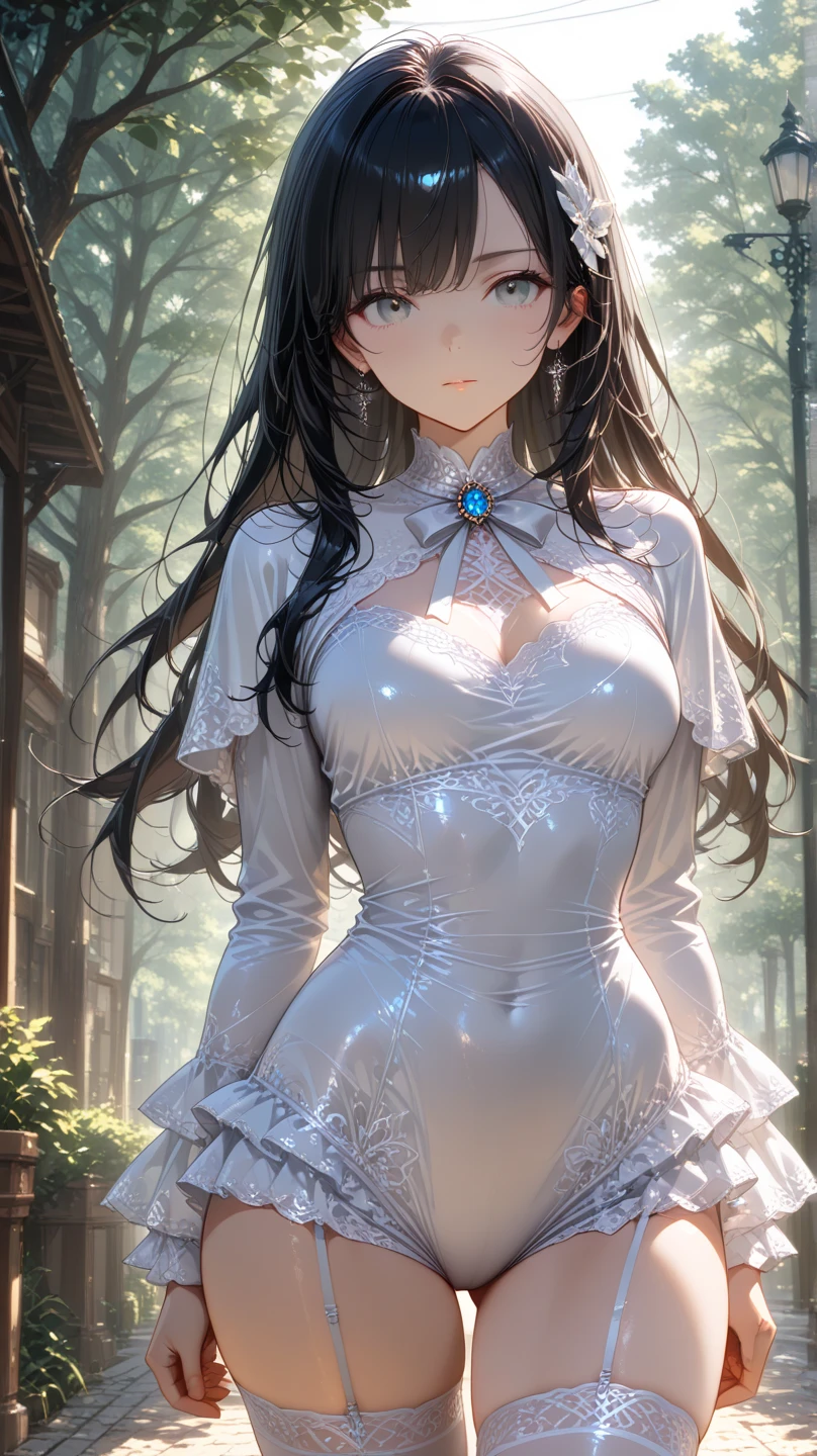 ((masterpiece, best quality)), Delicate face,Maid,whole body,Long legs,Large Breasts,Gradient long wavy hair,Perfect body proportions,beautiful eyes,Extremely beautiful,transparent, Pure white background,Erotic_lingerie,Nude,Lace,Garter stockings