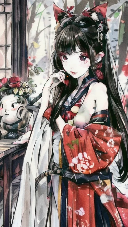 (masterpiece), best quality, good anatomy, shuimobysim, (1 girl: 1), (upper body), (smile), short hair: 1.2, (hanfu), long coat, (ecchi0.5), (bridge: 1.2), (flowers: 0.6), moon, lantern in ancient China, delicate face, see-through, pink clothes, full body, close-up, back hand, robe, thigh, high up, cloudy, chinadre, overexposed, [wet clothes], mid-chest, solo, [dolls], bare thighs, credibly_absurdres, strong angles, pleated skirt, chinoiserie architecture, single bun, white hair, red eyes, squinted eyes, cold attitude, eye shadow, eyeliner, eyes visible through hair, no shoes, ribbon sleeves, earrings, necklace, tiara, mid-chest, sunlight, reflected light, ray tracing, , phoenix crown vermilion robe, blush