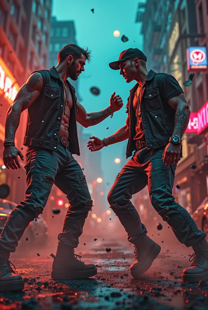 In the gritty backstreets of the city, two determined boys square off in an intense street fight. Their faces are marked with grit and determination as they circle each other, fists clenched and muscles tense. Trash cans and debris litter the dimly lit alley, serving as an unconventional battleground. The neon signs overhead cast a surreal, flickering glow, adding to the atmosphere of raw energy. Their movements are lightning-fast, a blur of fists and feet, as they exchange powerful blows and calculated strikes. The sound of their grunts and the impact of their punches echo through the narrow alley, unnoticed by the world beyond. It's a fight born of pride, rivalry, or perhaps a deeper conflict, and it rages on with an intensity that can only be found in the unforgiving streets of the city