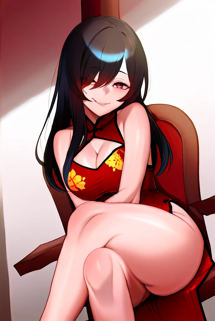 ((highly detailed)), Genshin Impact, ((Hu Tao)), Perfect human hand,(Small breasts:1.1),Relaxed pose, ((a healthy woman)) , Perfect body curves, masterpiece, detailed, Perfect Face, (20-year-old) Hot body language, Fits your body type,Perfect Face, Happy expression, Open your mouth, Place your hands on your thighs Spread your legs No underwear No bra Undressing