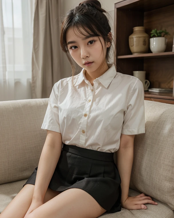 absurdres, RAW photo, extremely delicate and beautiful, masterpiece, Best Quality, ultra high resolution, 16k, hyperrealistic, ultra-detailed, (perfect anatomy), super Detailed skin, perfect figure, Very detailed CG 8k wallpaper, in her 20s, very Slim body, narrow waist, very small head, very small face, delicate facial features, tearful mole, earring, thin legs, very huge round breasts, (full body shot), bare legs, short hair, wavy hair, light brown hair, ((1 girls)), (wet), ((school uniform)), dress shirt,