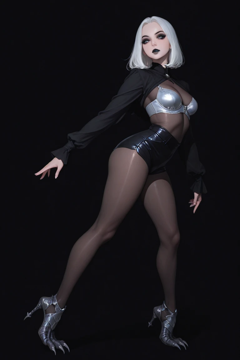 8K,Masterpiece,One woman,Smile,30 years old,blue eyes,Silver Ash Hair,Short Bob Hair,Dutch beauty,Ella Freya（Ella Freya),Black Bunny Girl Costume,Beautiful cosplay of bunny girl,A woman cosplaying as bunny girl,White skin,Slender figure,Small breasts,Dynamic Angle,casino,dancing,Dynamic Pose, fullbody, standing, front view