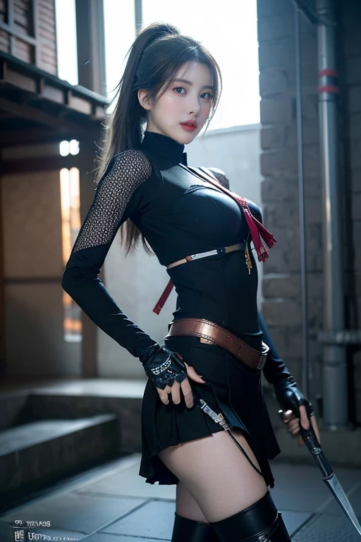 (24yo girl:1.1), 18 year old girl, red hair, (arms tied above head:1.2), hands tied, (standing in dark corner:1.2), bright green eyes, detailed eyes, petite body, slim thighs, thin waist, small breast, (head tilt:1.4), (contemptuous:0.8), sarcastic expression, (mischievous expression:1.2), naughty, smug expression, a bit scared, (questioning look:1.2), arrogance, (smug expression:0.9), exotic (black:1.2) bodysuit, dark colors clothes, dark colors outfit, cleavage, ribbons on legs, short skirt, simple solid knitted thigh highs, long gloves, looking at viewer, eye contact, arrogant face, adorable, (long braided ponytail hair with side bang:1.2), 1girl, semi realistic, pov, (high angle shot:1.5), (pov male fat body:1.5), (male pov body wearing medieval armor:1.4), (view from above:1.25), (full body shot:1.1), source_cartoon, dramatic lighting, detailed background, background fantasy setting, medieval dungeon, (in small dark cellar:1.2), one prison window, moonlight, brick wall