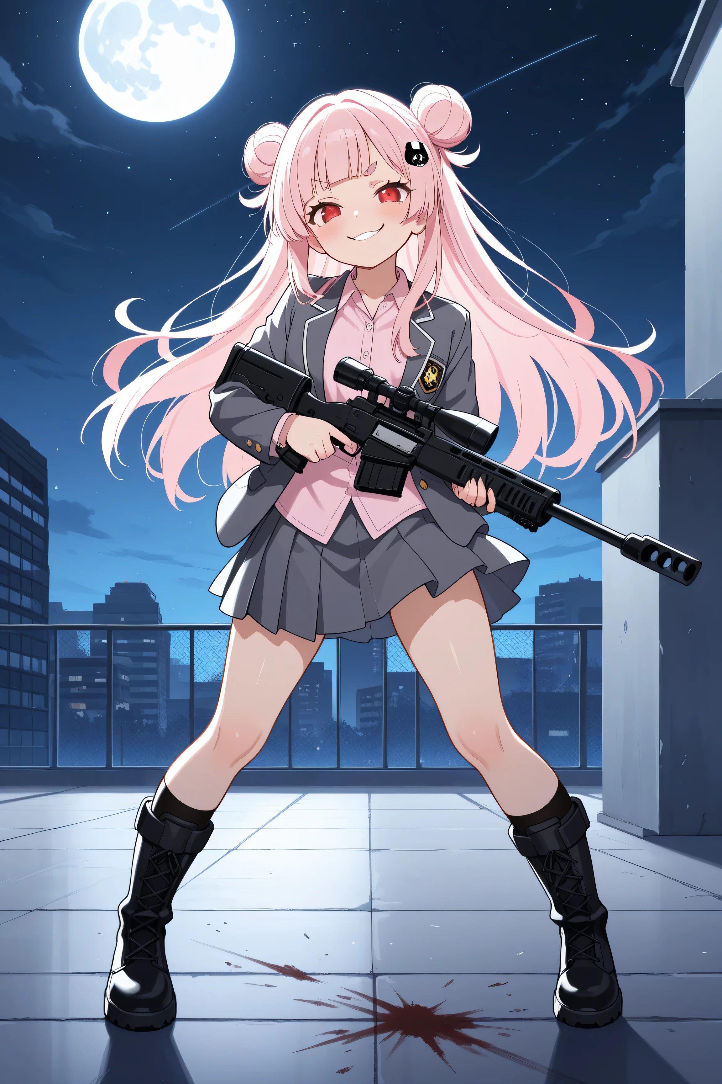 masterpiece, best quality, high resolution,4K, highly detailed, ultra detailed, ((detailed beautiful eyes)), full body, Alone, 1 girl, light pink hair, small double bun hair, half twin hair, long hair, hime cut, thin oval eyebrows, Red Eyes, ((bangs Panda face hairpin)), Tactical  scope on head, automatic rifle, High school girl, Dark grey blazer, Dark grey pleated skirt, Light pink shirt, Tactical boots, Running, evil smile, floating hair, starry sky, moonlight, Bullet belt, Battlefield background