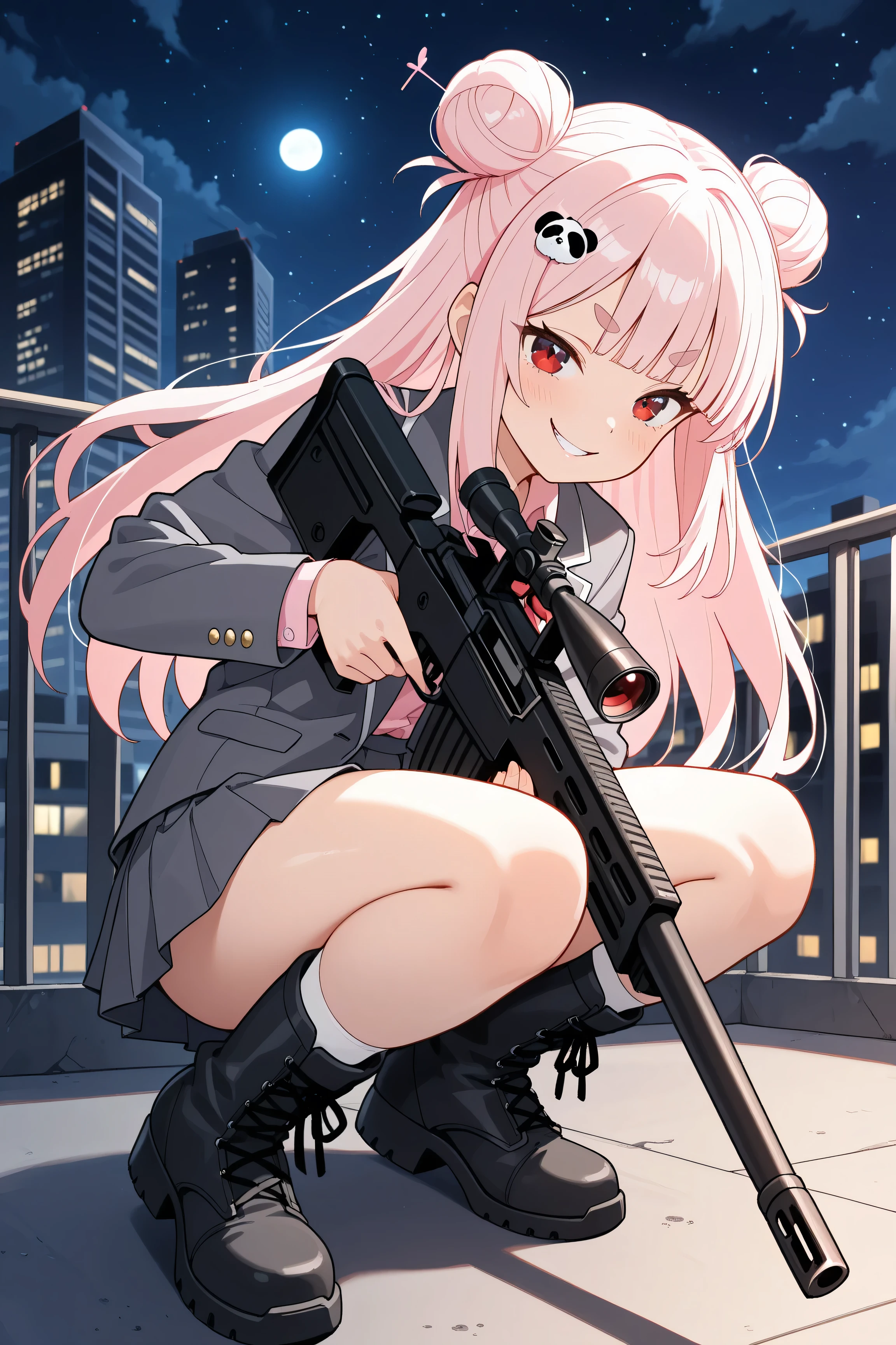 masterpiece, best quality, high resolution,4K, highly detailed, ultra detailed, ((detailed beautiful eyes)), full body, Alone, 1 girl, light pink hair, small double bun hair, half twin hair, long hair, hime cut, thin oval eyebrows, Red Eyes, ((bangs Panda face hairpin)), Tactical  scope on head, automatic rifle, High school girl, Dark grey blazer, Dark grey pleated skirt, Light pink shirt, Tactical boots, Running, evil smile, floating hair, starry sky, moonlight, Bullet belt, Battlefield background