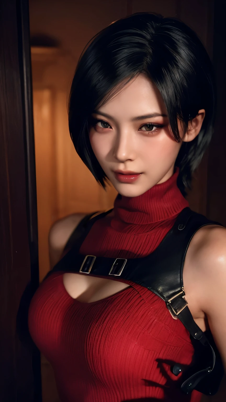 Realistic art representing the asian woman Ada wong from Resident Evil sitting at the counter of a bar. She has a glass of alcohol in front of her on the counter, her expression is confident. She is wearing a red and black outfit and her hair are short and black.