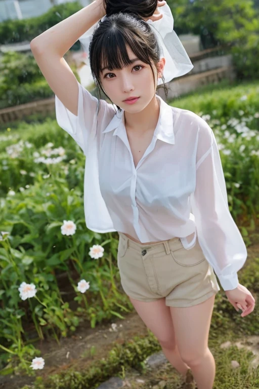 ((Best of the highest quality, 8k, Masterpiece: 1.3, raw photo)), Sharp focus: 1.2, (1 AESPA girl: 1.1), (Solo: 1.18), (realistic, photo-realistic:1.37), face focus, cute face, finely eyes, (Small breasts, flat chest: 1.3), full nude, (neat silk shirt, panties: 1.4), short messy hair, (lying on grass: 1.2), garden, flower