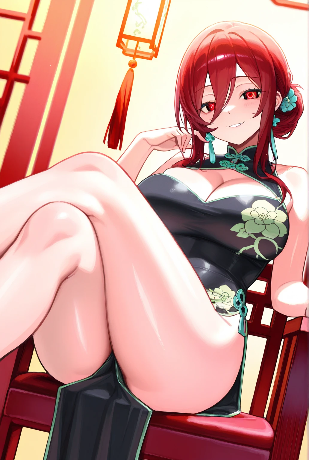 (((Horse Girl))), (((Fine Motion))), 1 person, Thighs, On a luxurious red sofa, (((No bra))), smile, Completely naked, (((Sexy panties with green embroidery))), High resolution, Her breasts are elegant and large., (((Legs wide open))),