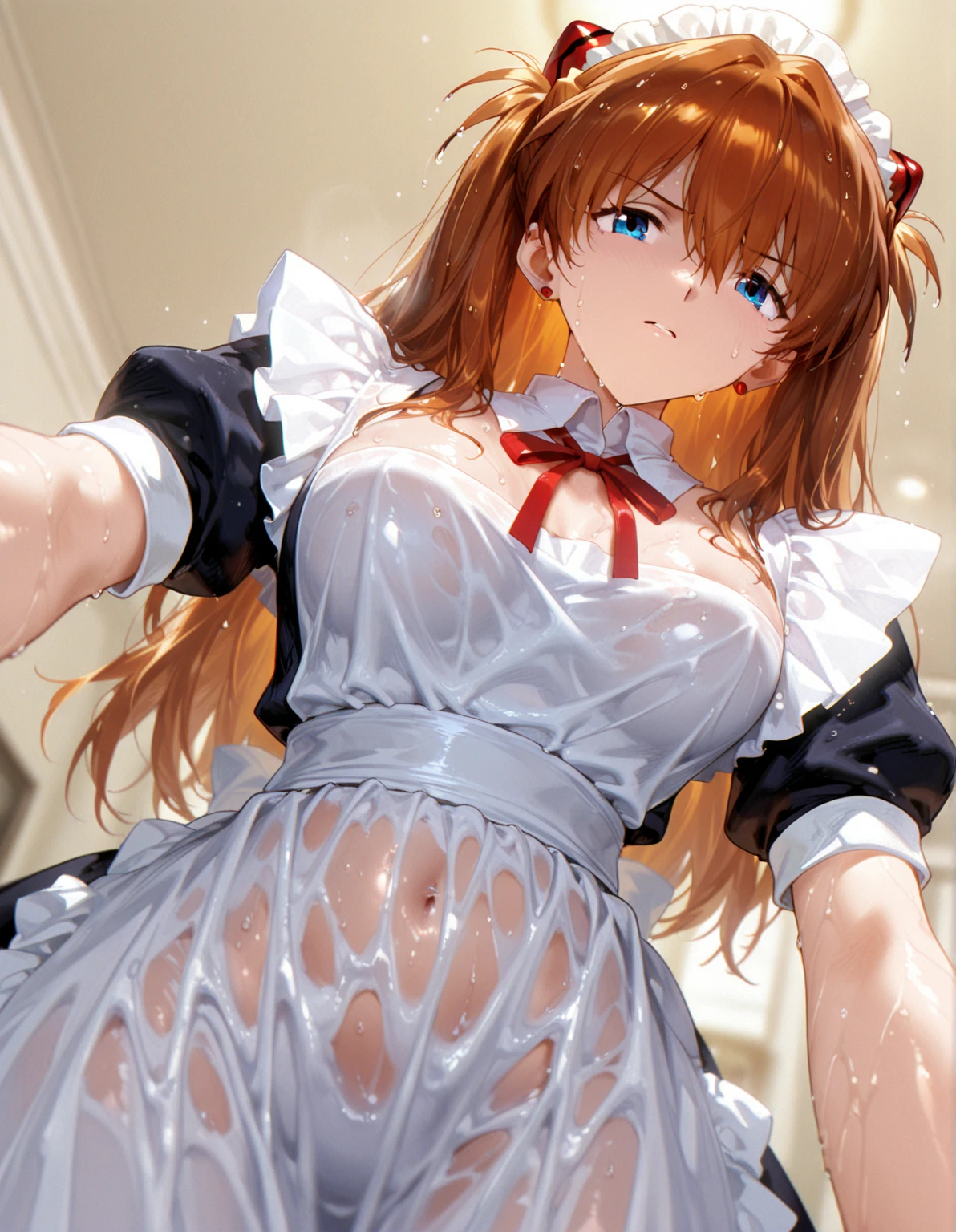 masterpiece、Highest quality、Yuuki Asuna、high school girl、 alone,Backstreets、Side Ponytail、Leaning forward、Big Breasts、White wet dress、