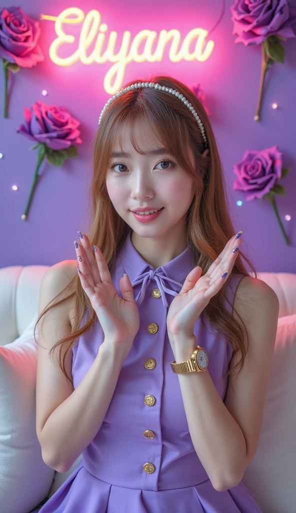 A woman sits facing forward surrounded by purple balloons wearing a Bambang HD birthday dress