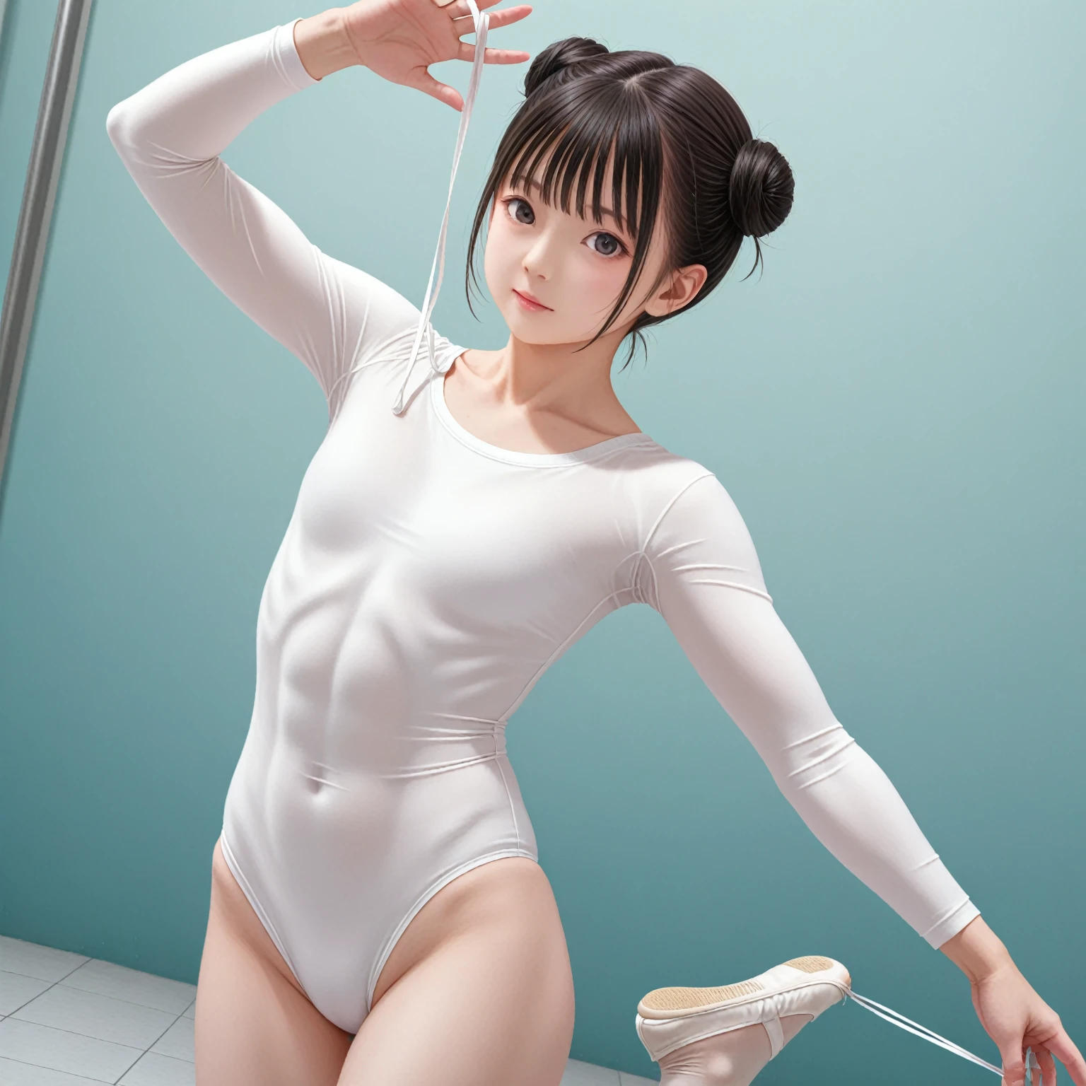 Ryoko Hirosue, (1 Female gymnast:1.2), beautiful girl, ((White long sleeve leotard)), At the gymnastics stadium, Beautiful thighs, masterpiece, highest quality, High resolution, (slightly open your lips:1.1), Slender figure, The thin fabric of the leotard clings closely to the skin., Too cute small face, The whole body is wet with lotion, (Perfect limbs), short-haired with bangs, (blush), With a 20-year-old mafia man, penis enters vagina, behind, Spread your legs, Beautiful depiction of the vagina, ((Binding, Rotate your arms behind your back:1.4)), ((Restrained by rope bondage The rope digs into her chest and groin)), Hirosue in her idol days