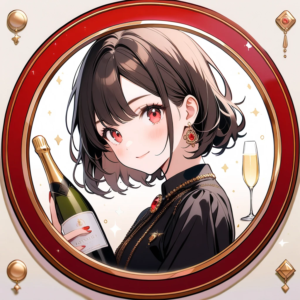 Adult Female, Mature, shy, blushing, short messy dark red hair, shoulder length hair, beautiful make up, red dress, sitting in front, dinner table, fancy resturant, table with wine, night time, window seat view, highly detailed, best detail, excellent detail, perfect anatomy, perfect hands, perfect fingers