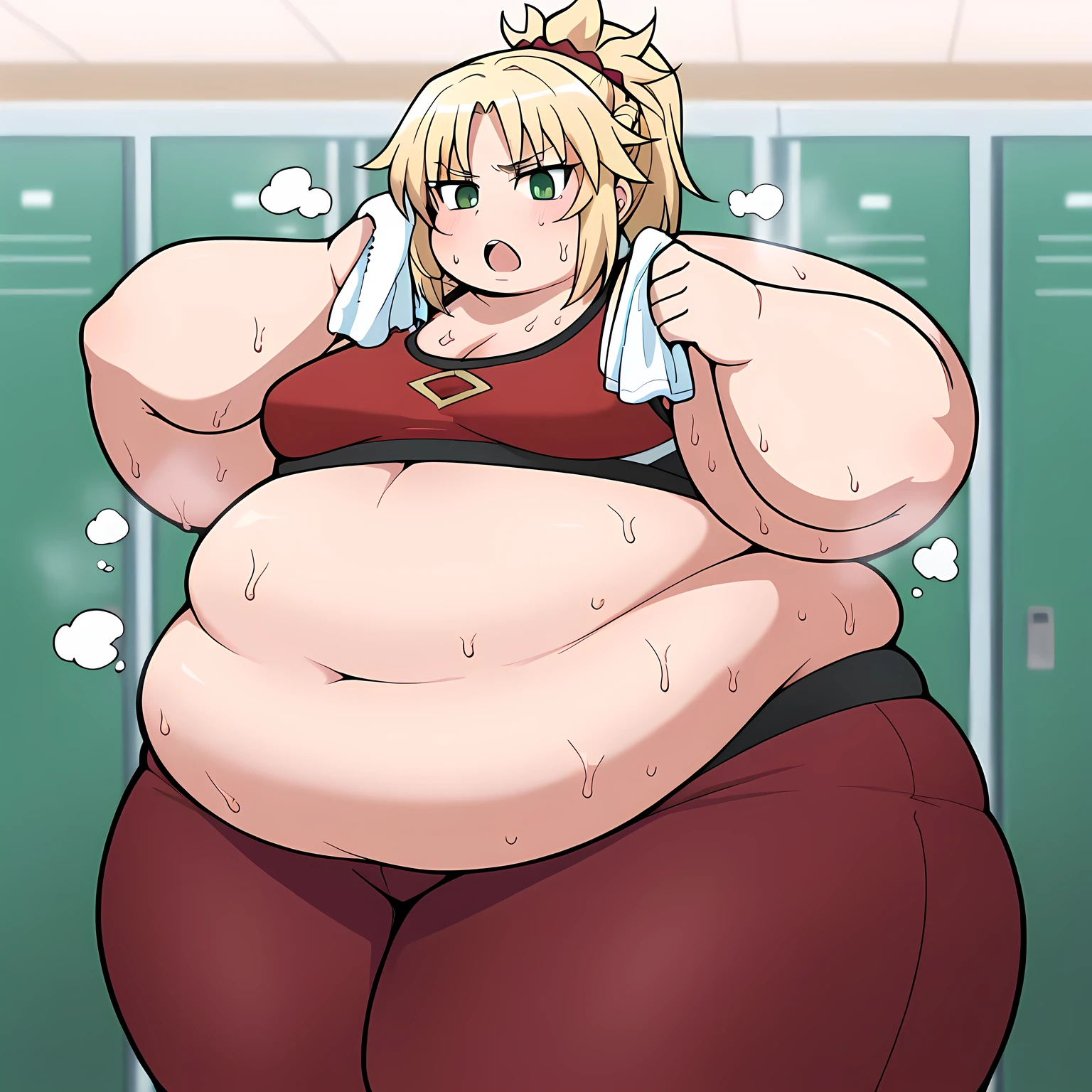 score_9, score_8_up, score_7_up, source_anime, mordred, green eyes, blonde hair, ponytail, short hair, scrunchie, red scrunchie, hair scrunchie, medium breasts,, wiping sweat, towel, holding, sweat, holding towel, looking at viewer, open mouth, sports bra, yoga pants, steam, gym,, ,fat, chubby, obese, gigantic arms and legs, large breasts open mouth, out of breath