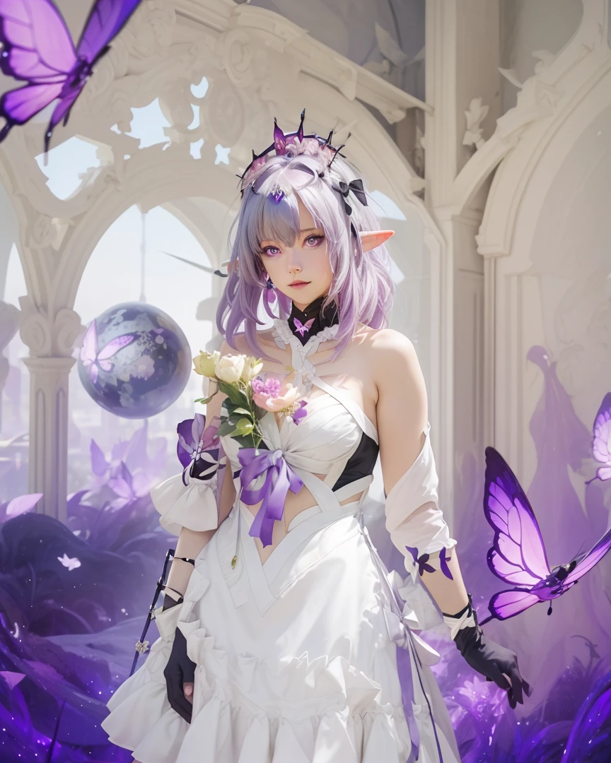 best quality, masterpiece, highres, realistic,photographic,(exquisite body:1.2),gorgeous face,(milky skin:1.3),intricate details,high resolution,high detail RAW color photo,wallpaper
1girl, purple hair, dress, hair ornament, solo, breasts, bare shoulders, white dress, crystal, Crystal skirt, jewelry, looking_to_the_side, asymmetrical_sleeves, clothing_cutout, shiny_hair, hair_rings, floating, spotlight, alternate_costume, sparkle,Multi-layer dress, floral print,
(VSCO A7:1.5),16K,HDR,highres,depth field,(film grain:1.1),boken,ISO 200,golden hour,(lens flare),vignette,rainbowing,(color grading:1.5)