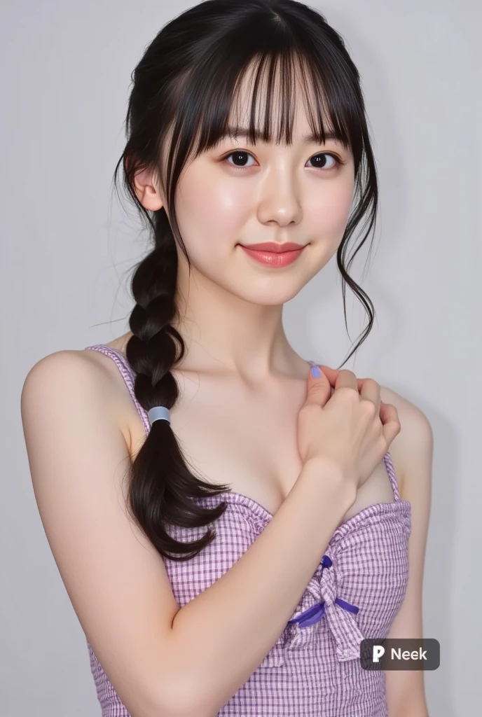 highest quality, Realistic, 8K, High resolution, 1 Girl, woman, (Skin dents), (Portraiture:0.6), nice, ((White Background, Completely naked, Small breasts:1.65)), (Brown hair in braids, Parted bangs:1.4), Watching the audience, (1 Girl eyes Watching the audience:1.6), Realistic, (Bokeh), (Closed Mouth, smile:1.3), nice, Purelos Face_V1:1,