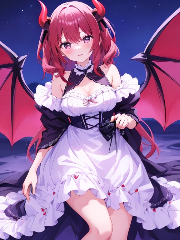 masterpiece, best quality, detailed, 1girl, mature female, crimson sky, arms at sides, red crimson moon, vampire,( red undershirt:1.1), long two toned frilled dress, gentle breeze, smile, fangs, (medium breasts:1.2)