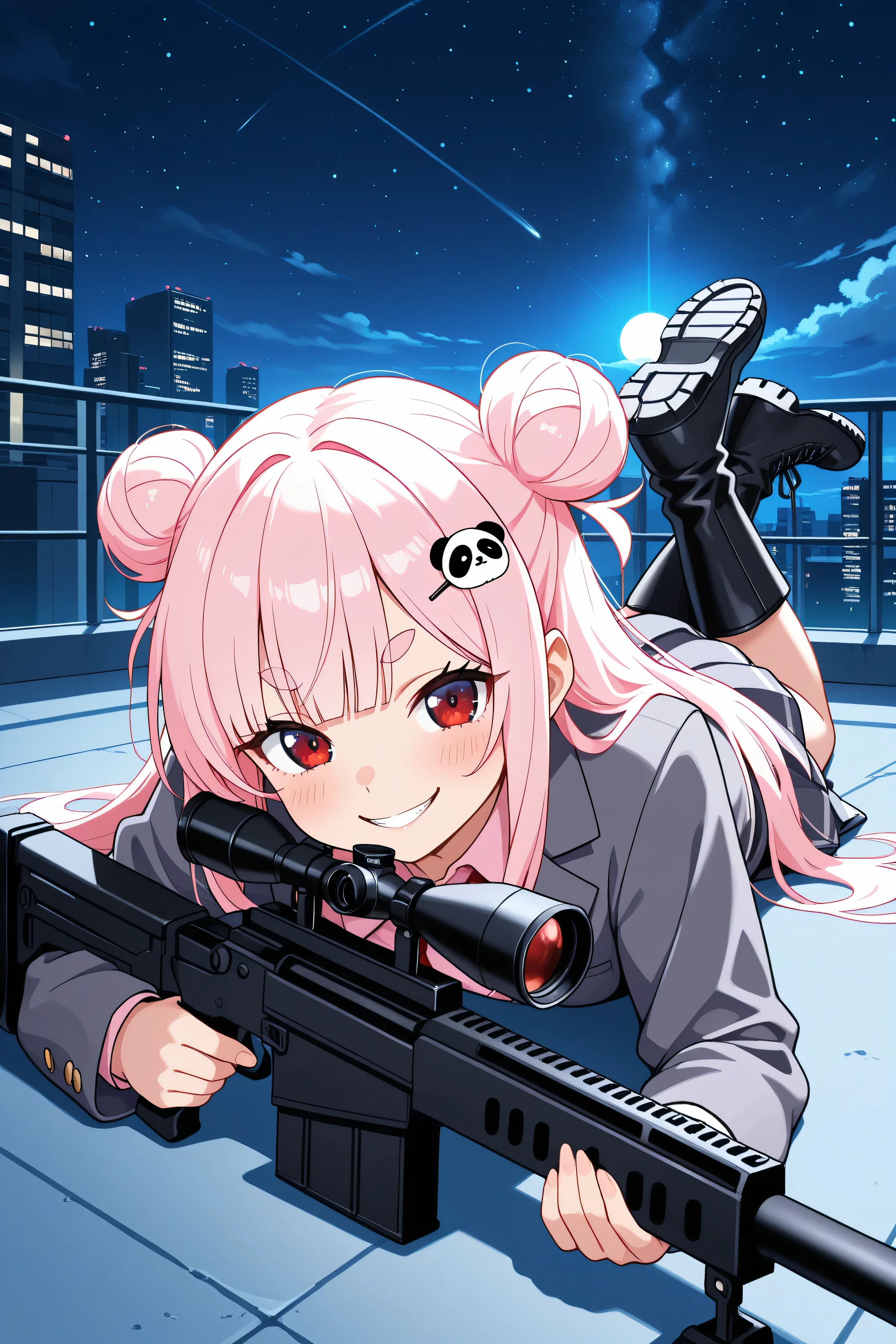 masterpiece, best quality, high resolution,4K, highly detailed, ultra detailed, ((detailed beautiful eyes)), full body, Alone, 1 girl, light pink hair, small double bun hair, half twin hair, long hair, hime cut, thin oval eyebrows, Red Eyes, ((bangs Panda face hairpin)), Tactical  scope on head, automatic rifle, High school girl, Dark grey blazer, Dark grey pleated skirt, Light pink shirt, Tactical boots, Running, evil smile, floating hair, starry sky, moonlight, Bullet belt, Battlefield background