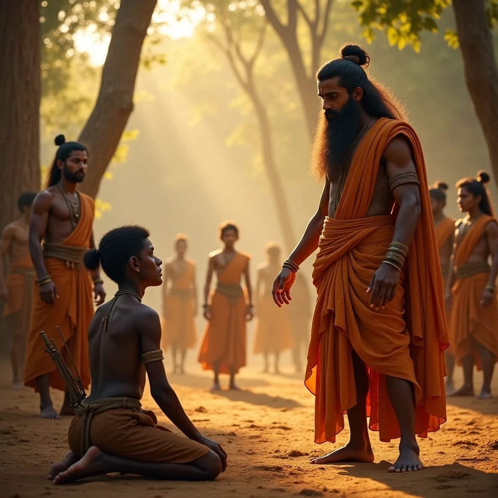• A young Brahmin boy, Nachiketa, standing with a calm yet determined expression. His father, an older man with a distressed look, stands nearby, gesturing towards Nachiketa with a sense of solemn duty. They are in an ancient Indian setting, with a traditional house in the background and sacred fire burning.