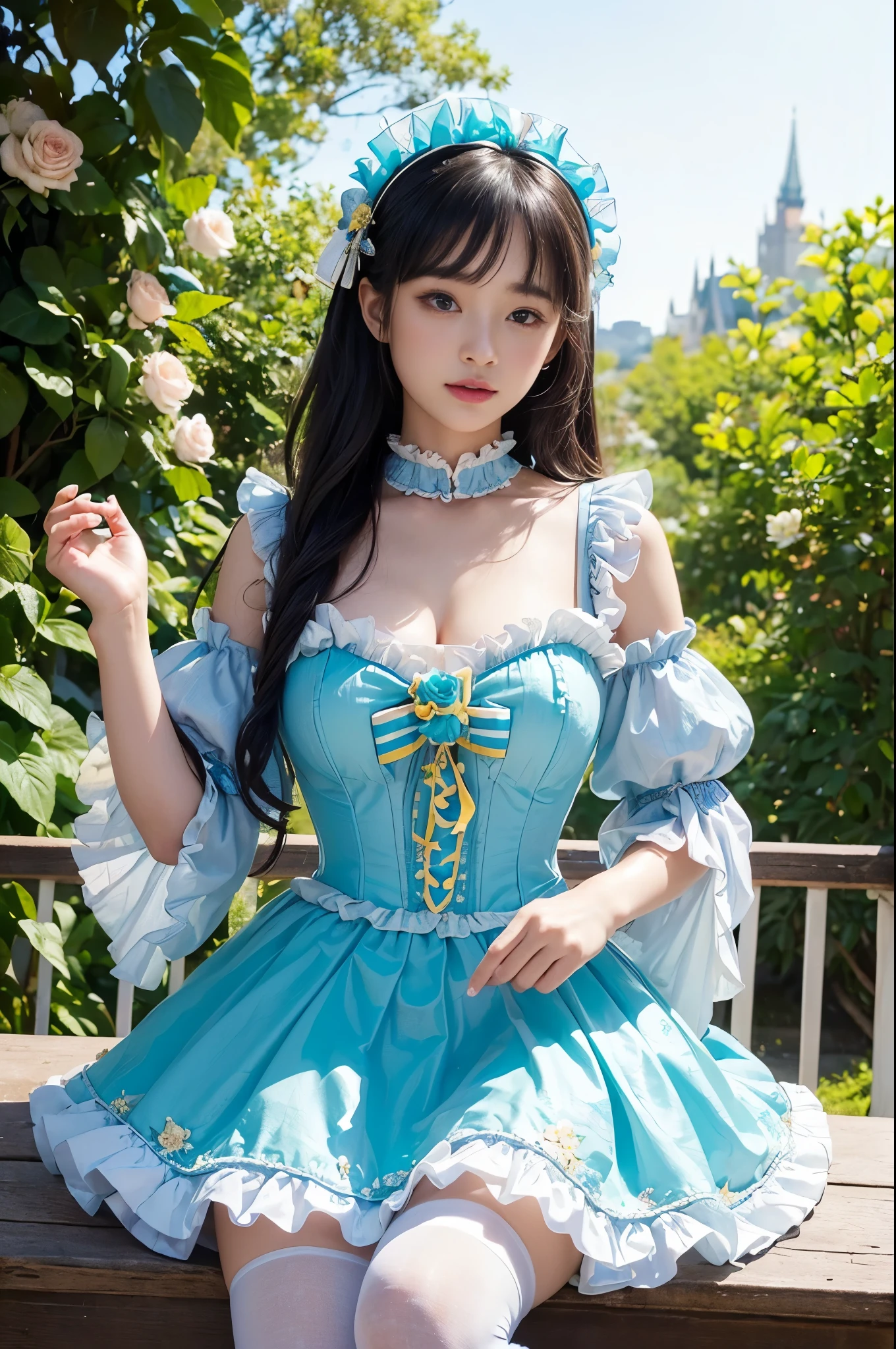 Top quality, lots of details, with a woman in a light blue dress posing for a photo, moon themed costume, astral witch costume, fantasy costume, live-action girl cosplay, beautiful celestial mage, inspired by cold plum, bandeau dress, popular on cgstation, celestial goddess, April rendering, light blue, dreamy medium portrait top light, light blue skin, amouranth, fantasy dress, full body close-up