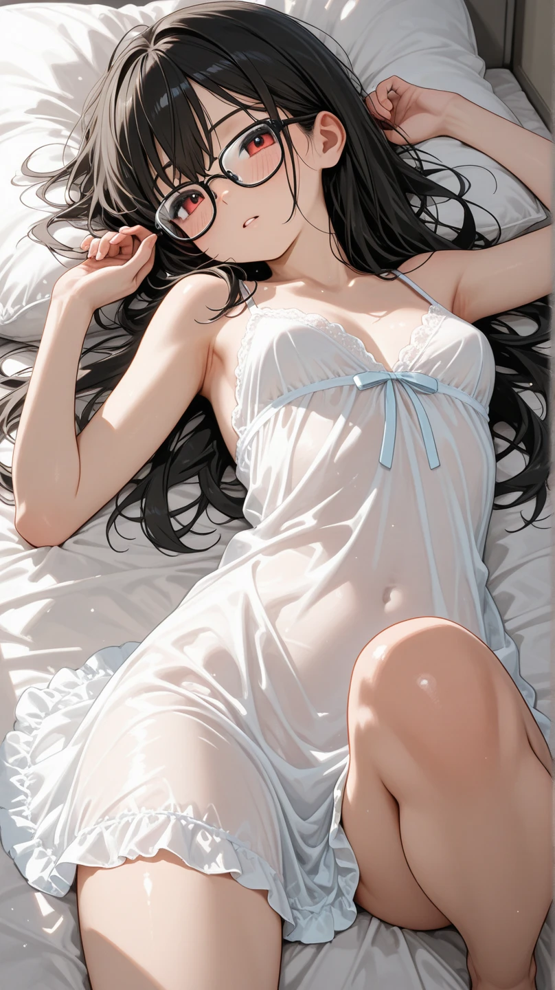 Young woman, adult girl, девушка lies на кровати, girl on the bed, нижнее underwear, dark hair. Glasses, Glasses на лице, девушка lying down, lying down. bed, underwear, adult woman, lying down, full length, lies, anatomy, beautiful body, in a bra and underpants, белая bed, White pillows
