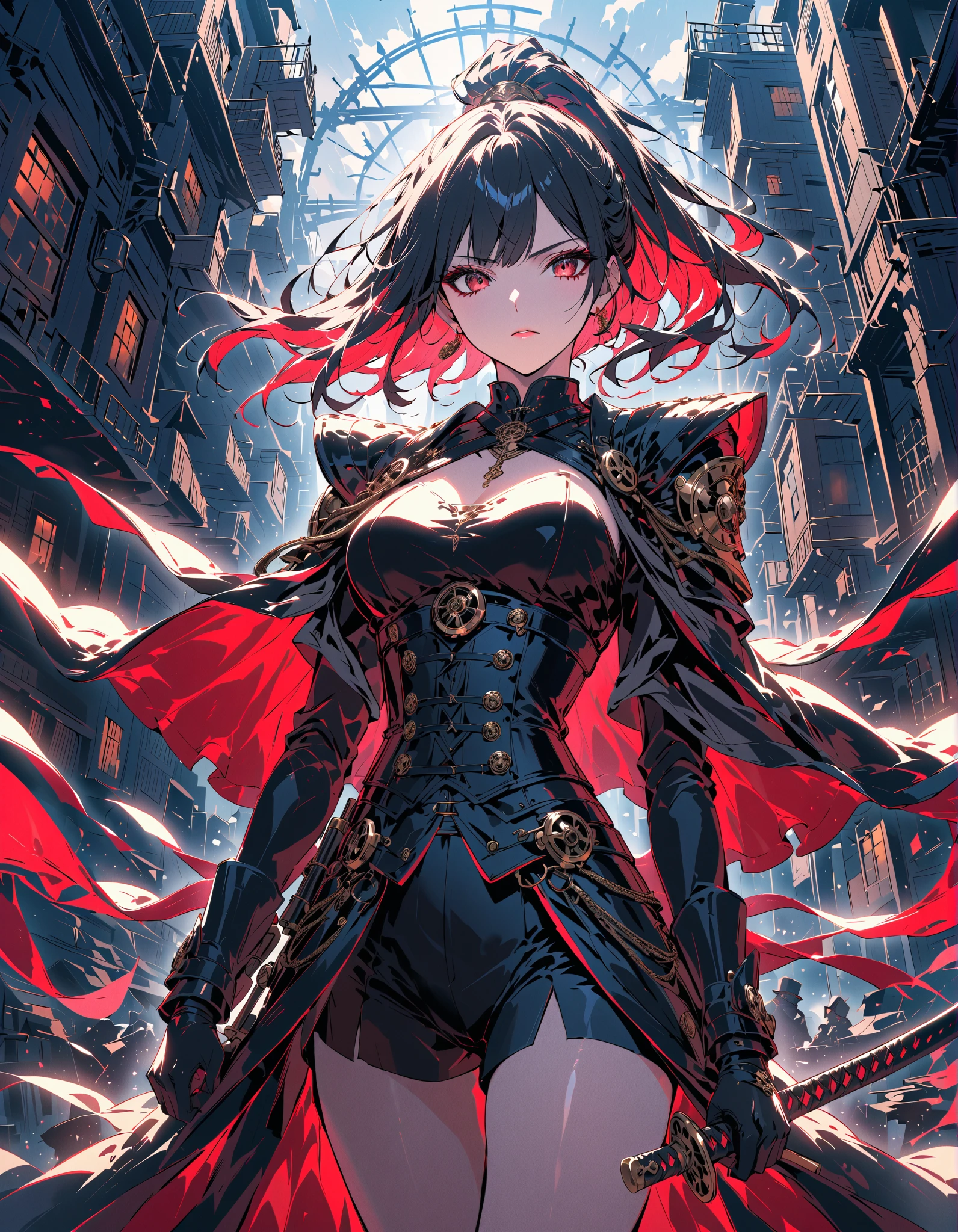 masterpiece, best quality, high quality, detailed, ultra detailed, hyper detailed, insanely detailed, exquisite, beautiful, FHD, Full-HD, 4K, 8K, 16K, highres, absurdres, abyss, cathedral, ((1girl)), angry, excited, noisy, serious look, looking at viewer, short hair, hair over one eye, black hair, streaked hair, standing , hole body,red eyes, military uniform, piercing, armband, gloves, with a tattoo, hat, with a microphone, beauty mark, at concert, dark atmosphere, dark academia, medium shot, dynamic angle, darkness, backlighting, starry stars loud colorful