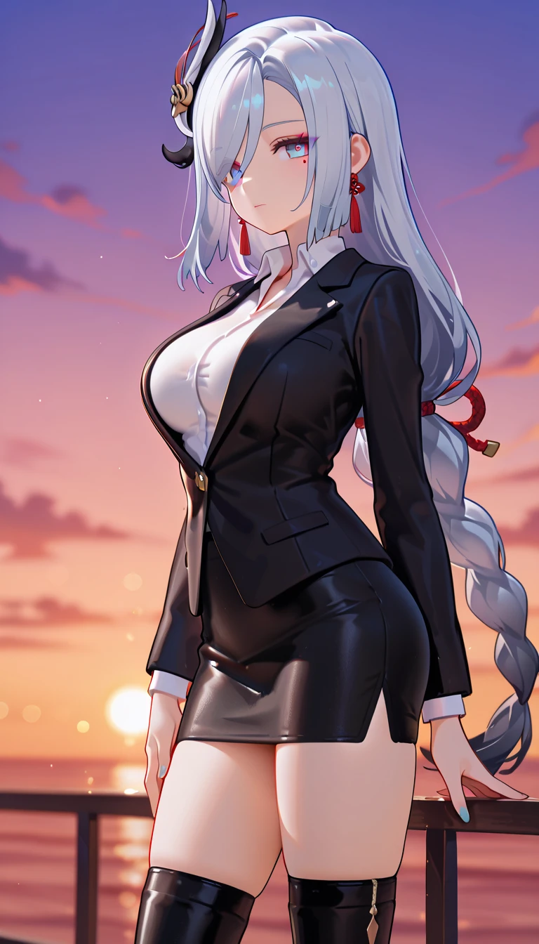 (masterpiece:1.2, top-quality), (realistic, photorealistic:1.4), beautiful illustration, (natural side lighting, movie lighting),
looking at viewer, cowboy shot, front view, 1 girl, japanese, high school girl, perfect face, cute and symmetrical face, shiny skin, babyface,
(long hair, straight hair, silver hair), hair between eyes, purple eyes, (middle breasts, seductive thighs, big ass), piercings,
beautiful hair, beautiful face, beautiful detailed eyes, beautiful clavicle, beautiful body, beautiful chest, beautiful thigh, beautiful legs, beautiful fingers,
((long sleeves, white collared shirt, black suit jacket, black pencil mini skirt), id card, strap, black high heels),
(beautiful scenery), evening, park, walking, (lovely smile, upper eyes), big tits, ((high resolution face)), plump, (((ass))), (((low angle shot))), (((back)))