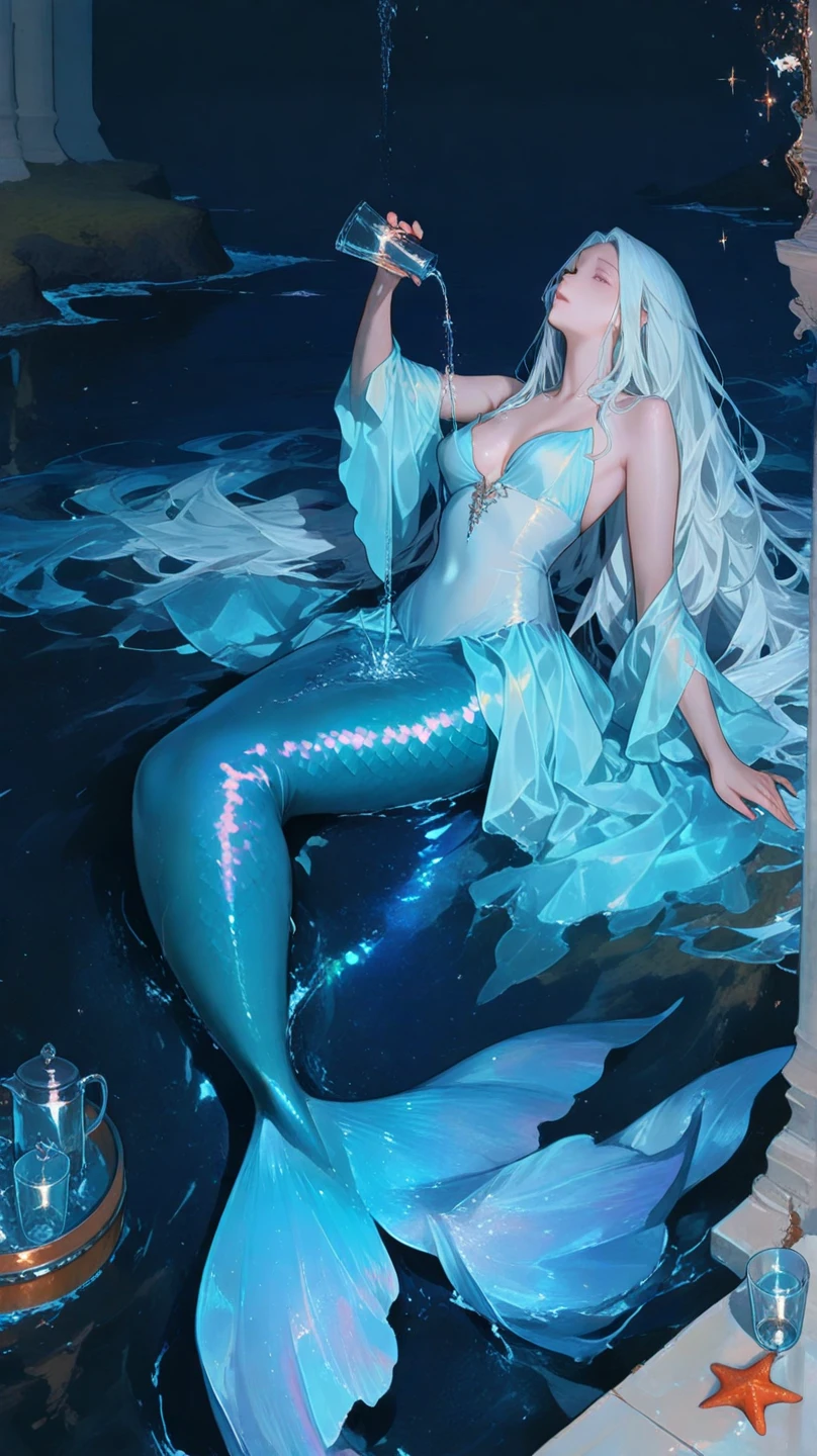 a woman with long curly white hair, beautiful detailed eyes, beautiful detailed lips, smiling expression, wearing a flowing blue dress with pearl accessories,  queen of the sea, realistic, Wearing a fish horn headband, makeup, standing sensual, blue nails, cleavage 