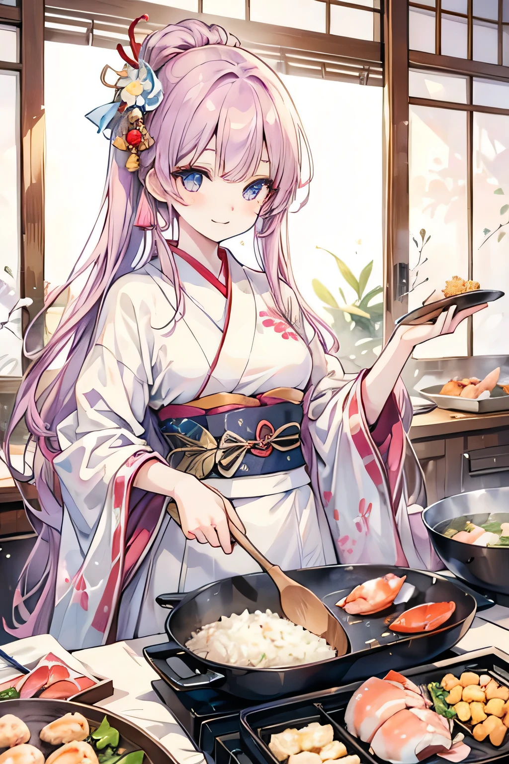 Anime girl cooks rice with seafood. She is wearing a traditional Japanese robe. Cheerful and cheerful