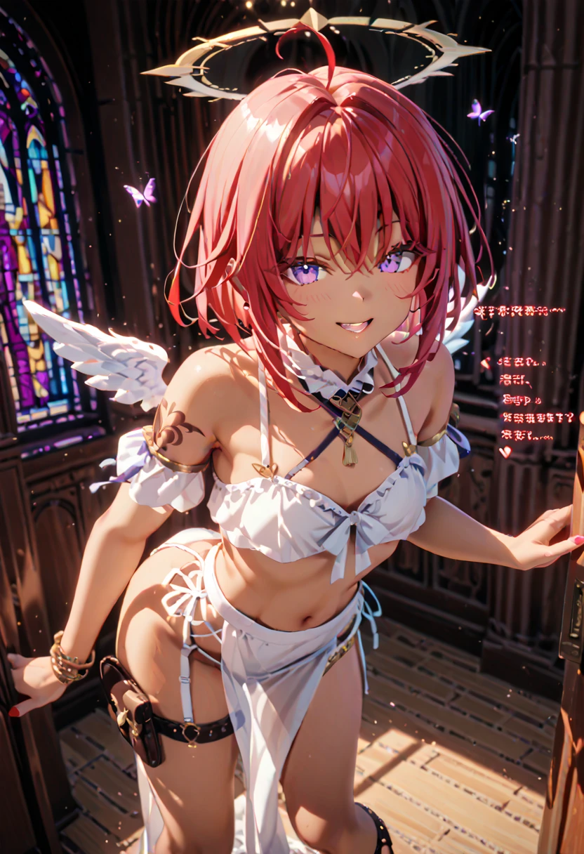 ((kinako (shiratama mochi) style)), mika_\(blue_archive\), bdsm, tied up, arms up, handcuffed, pole, armpit, (masterpiece, top quality, best quality, official art, beautiful and aesthetic:1.2), (1girl), extreme detailed, colorful, highest detailed, official art, unity 8k wallpaper, ultra detailed, beautiful and aesthetic, beautiful, masterpiece, best quality, holy light,gold foil,gold leaf art,glitter drawing, choker, topless, white skirt, nipples, stomach, mika, halo, sleeveless, bare shoulder, pink hair, white pantyhose, smiling, large breasts, angel wings, goth, black skirt, frills, night sky