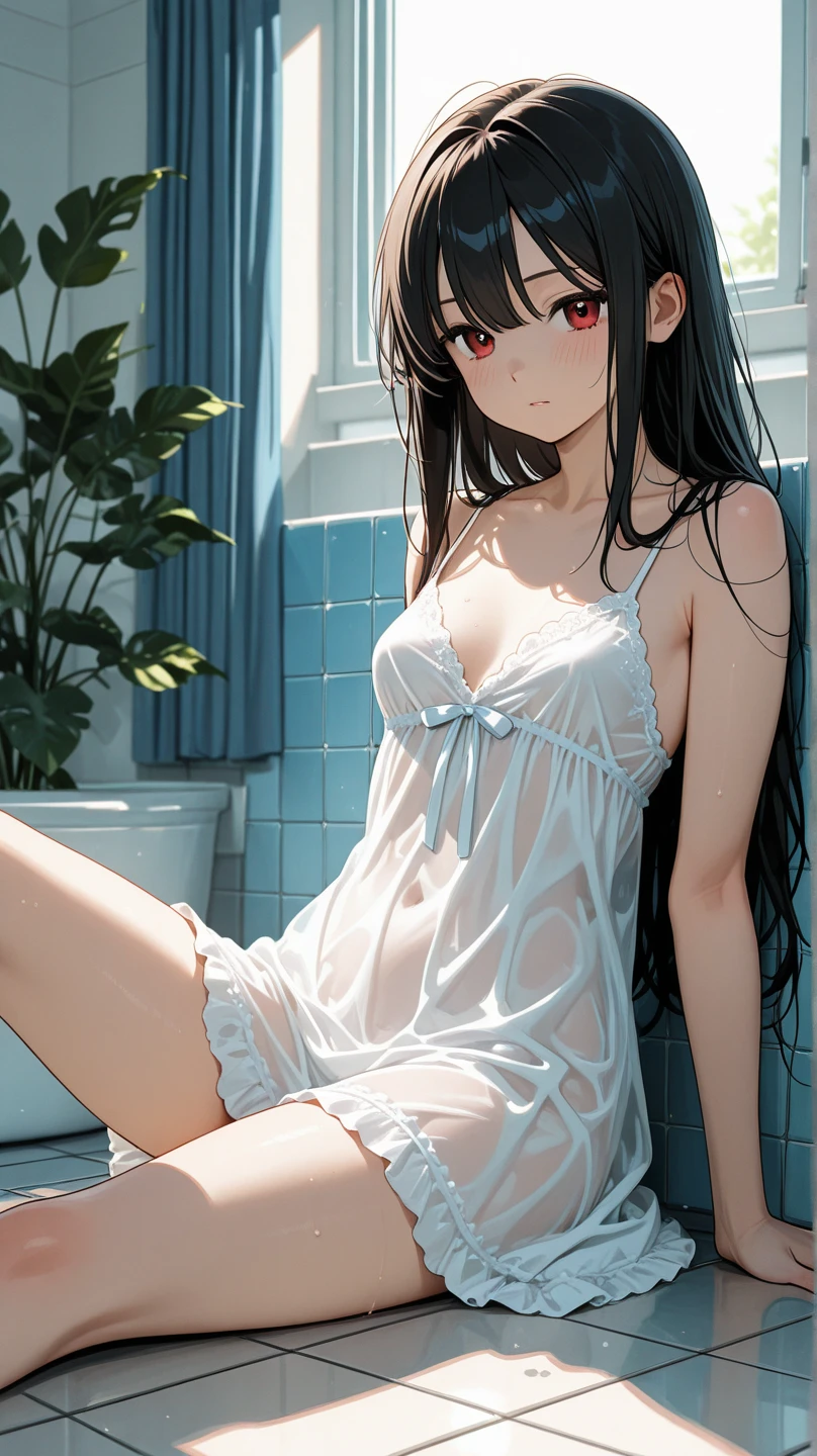 transparent shirt sweating without bra and bikini sis with long hair brushes full body near a window