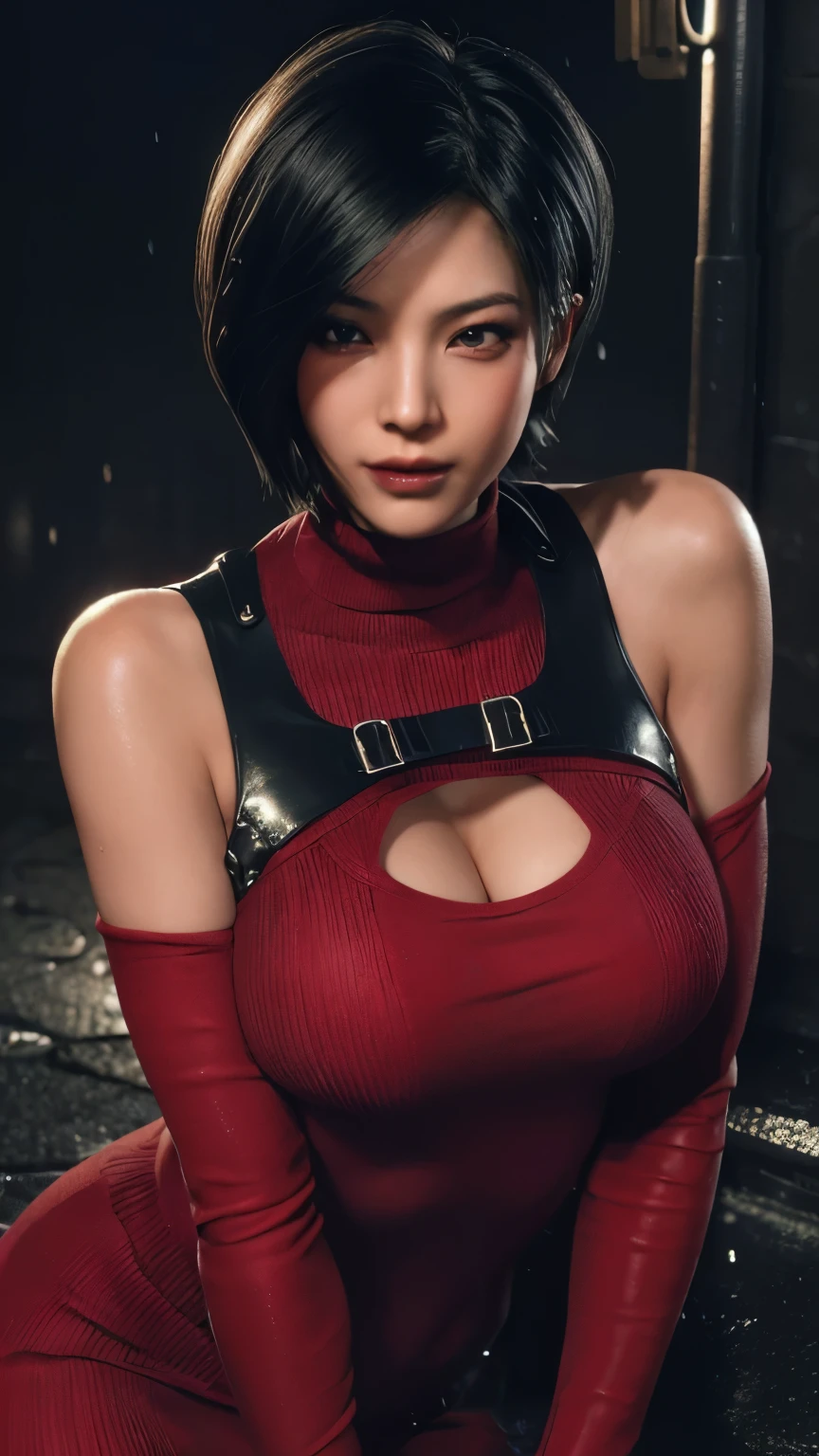 (hyper realstic)、Modern kunoichi、(Female Ninja of the 21st Century)、Beautie high-level image quality hight resolution (Realistic) Shorthair、Woman with dark hair、A MILF、Middle-aged woman、Big big、Detailed red-black 、detailed skin textures、超A high resolution、Realistic、Voluptuous body shape、angry looking face、Middle-aged beauty、Beautiful expression、With detailed red-black areola 、detailed brown eyes、long fluffy hair、Kamimei、Very delicate and detailed skin texture、35 years old、{There is a helipad at night((Being on the roof of a skyscraper))}、Modern kunoichi、Large cleavage、Large open neckline、bright red lips、Wearing a luxurious and luxurious ninja kimono in Gun Metallic、ear ornament、Silver collar and necklace、gorgeous hair decoration、
