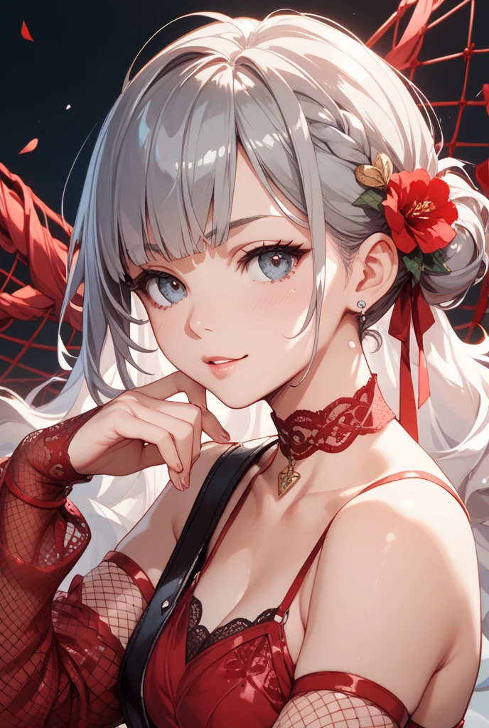 ((One personの女性)), Beautiful Face,((smile)),((Wink:1.9)),((Touching lips)), 口を大きく開けてsmile,((Bright red cheeks:1.4)),Shiny red lips,night,rooftop,Festive decorations,You can see the ocean, firework,口を開けてsmile,Glossy pink lips,Facial Lighting,((Anime style background)),masterpiece, Highest quality, so beautiful,Latest, Complex details, (Pink long nails),(ring),(bracelet),(choker),AI-generated, Complex,High resolution, Highest quality, super high quality,3D Images、3D Images,One person,Long white hair,High Ponytail,(Pale eyes),Anime woman posing for a photo, ((fine grain、Silver-white colorful eyes、Shining Eyes:1.4)),(Squint your eyes:1.1),a hyperRealistic , hyperRealistic , Realistic,Long white hairのアニメ女性, Smooth anime CG art, A woman in a colorful kimono with gold embroidery, (black furisode),Red floral pattern,Long flower hair ornament,big floral earrings,Mature Body,(Big Breasts:1.1),expensive,Abdominal muscles,Tight waist,(Zoom up to face:1.7),Shooting from diagonally below
