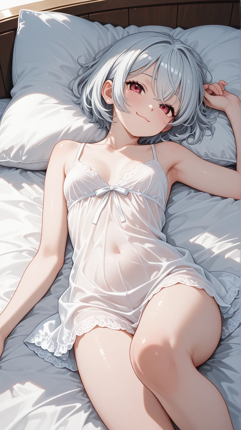 ((((masterpiece, best quality, high resolution)))), 1girl, white hair, red eyes, short wavy hair, average breasts, blush, light smile, glow, thighs, bare shoulders, collarbone, narrow waist, cleavage, (beautiful detailed face, beautiful detailed eyes), bedroom, night time, lying on bed, arms up, (from above view), (white lace lingerie, garter belt), hands behind head,