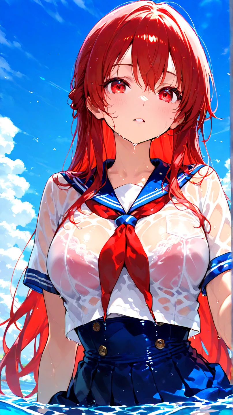 ((Highest quality))((High resolution))nakano itsuki, Red long hair, Star hair ornament, Ahoge, bikini, smile, Big Breasts, ((nude))