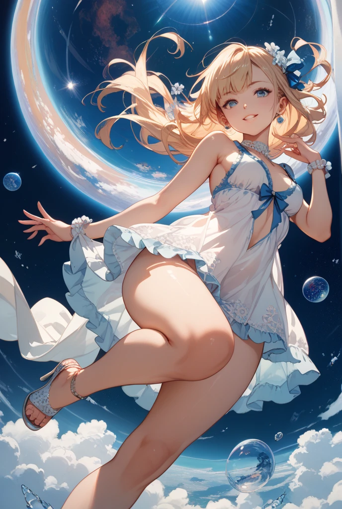 a beautiful 20 year old blonde woman with big messy hair, laying on a fluffy cloud in the sky, clouds cover her nude body, with glowing moon and twinkling stars, with a small cityscape below, fantasy art style, rossdraws cartoon vibrant , cute detailed digital art, colorfull digital fantasy art, digital fantasy art ), glossy digital painting, rossdraws pastel vibrant, rossdraws 2. 5, rossdraws 1. 0