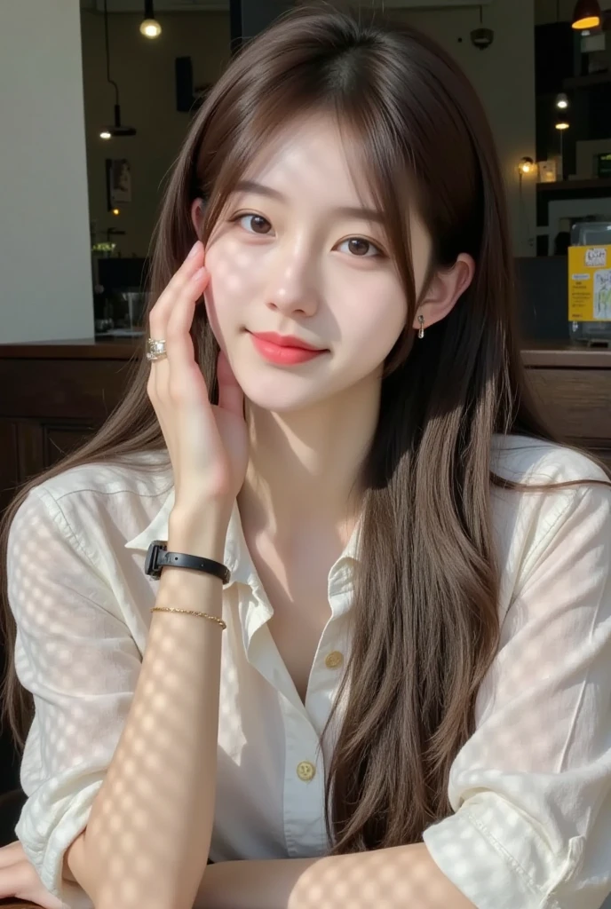 (1 Korean star with royal sister style), ((Best quality, 8K, 巨作: 1.3)), focal point: 1.2, Perfect body proportions: 1.4, (Make a smile), Watery eyes, Highly Detailed Face and Skin Textur, Fine eyes, Double eyelids, Whitens the skin, (long whitr hair, By bangs: 1.3), (face round: 1.5), (Black JK uniform: 1.4), (white stockings: 1.4),(JK style:1.4),(Girls' bedroom:1.3)