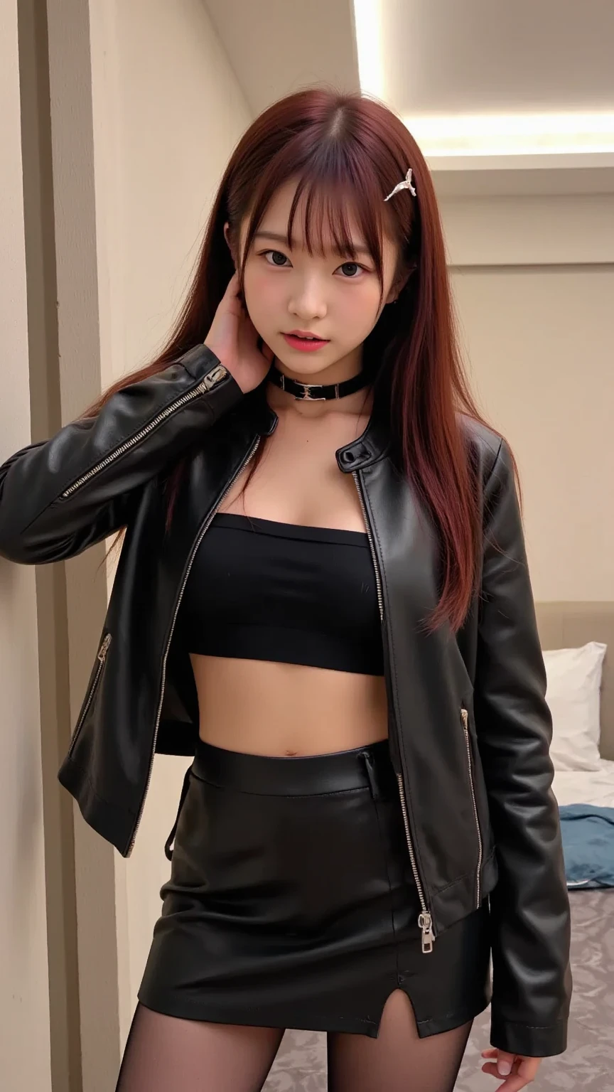 nsfw,Cute high school girl、smile, small breast ,leather jacket with open front 、tight mini dress,bangs、Braid、Crowded public stairway、Slim figure、Beautiful Abs、necklace,bracelet,earrings,hairribbon,porn magazine cover,groin is visible,underboob,