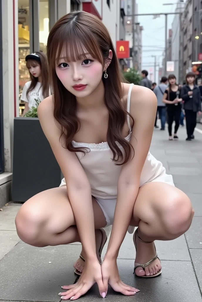 (8K, RAW Photos, Highest quality, masterpiece:1.2), Super detailed, Ultra-high resolution, (Realistic, Photorealistic:1.37) , High-definition RAW color photos, Professional photos, Very delicate and beautiful, Very detailed, 8K壁紙 , (Beautiful and detailed eyes:1.1),(Beautifully detailed face:1.1),Anatomically correct body shape , Fine and beautiful skin,Skin Texture , Full Body Shot , looking at the camera , Natural light , 1 person , woman , Japanese , 20-year-old , E cup bust , Slim waist , , Shiny Hair , (Long Hair ,Blonde:1.15) , Shy Smile , Tank top, (mini skirt:1.15) , , , , (Sit on your heels:1.2) , (Spread legs pose:1.21) , (Panty showing pose:1.15) , (Knees are high:1.12) , (Emphasize the thighs:1.1) ,(Emphasize the armpit:1.1), Sharp focus , The background is a real Shibuya street