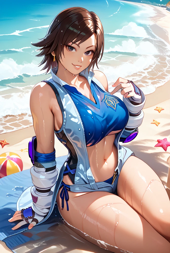 masterpiece, best quality, beautiful art, high resolution, well formed hands, body and fingers, 1 woman, solo, Sailor Mercury, sailor collar, blue makeup, elbow gloves, sailor senshi uniform, hair ornament, adult, grown up, big breasted, cleavage, full body, braided long hair, blue_japanese_clothes, wearing DOA Kasumi's blue kunoichi dress, sexy and skimpy japanese clothes, kimono peek, sleeveless, white stockings, gorgeous legs and thighs, fighting in a combat match, showing her fighting skills, making her guard, about to hit the viewer, looking at the viewer, sweating, bouncing breasts, smiling joyfully and brightly, being confident and proud, action and fighting scene, fighting cage on beach environment.