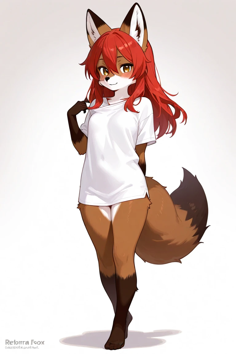 best quality, best resolution, (fluffy anthro furry), calico cat woman, tall, maroon hair, long wavy hair, brown eyes, medium breast, (oversized black t shirt, black panties), bedroom, standing, using on hand to lift up shirt to reveal panties, grin, blush